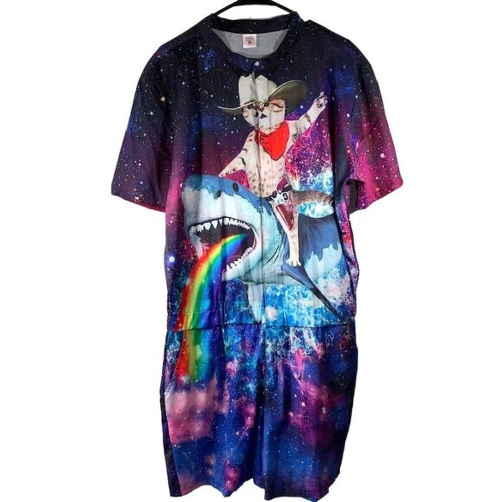 Cosmic Cowboy Cat Kitty Riding A Shark With Rainbow Romper Unisex Size XXL Funny